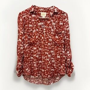 Anthropologie MAEVE Safari Elephant Animal Print Button up Rayon Blouse Size 6